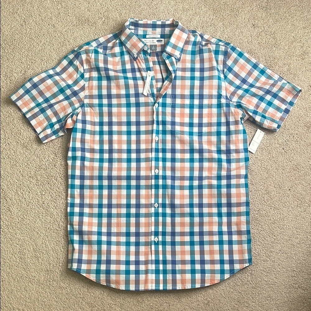 NWT Old Navy Casual Blue and Orange Plaid Shirt (Size; Large Tall)